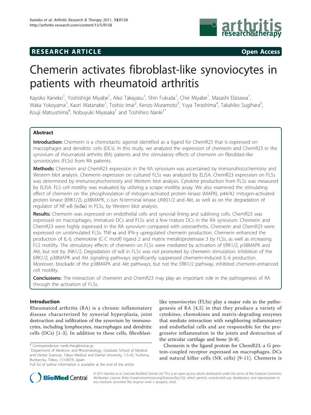 Chemerin Activates Fibroblast-Like Synoviocytes in Patients With