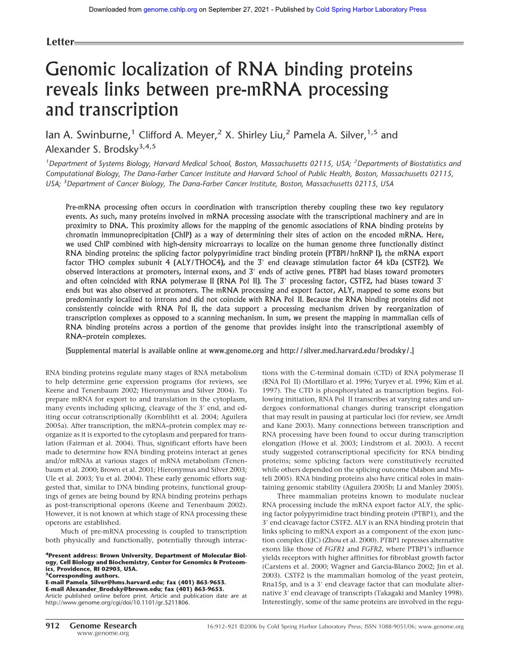 Genomic Localization of RNA Binding Proteins Reveals Links Between Pre-Mrna Processing and Transcription