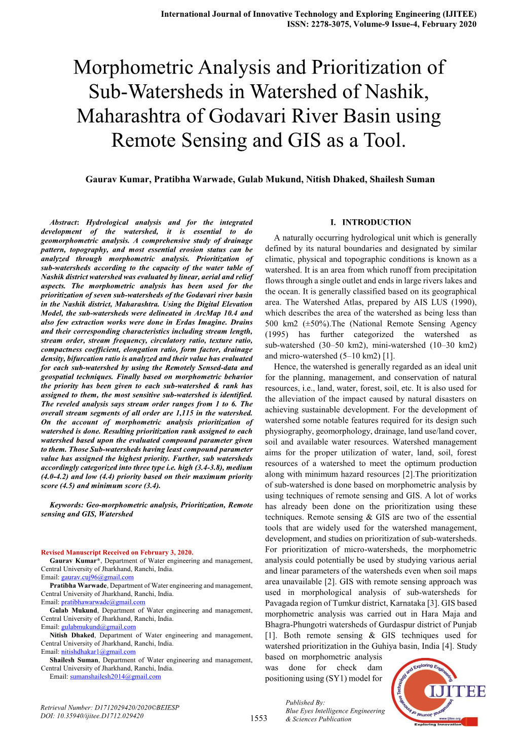 Morphometric Analysis and Prioritization of Sub-Watersheds in Watershed of Nashik, Maharashtra of Godavari River Basin Using Remote Sensing and GIS As a Tool