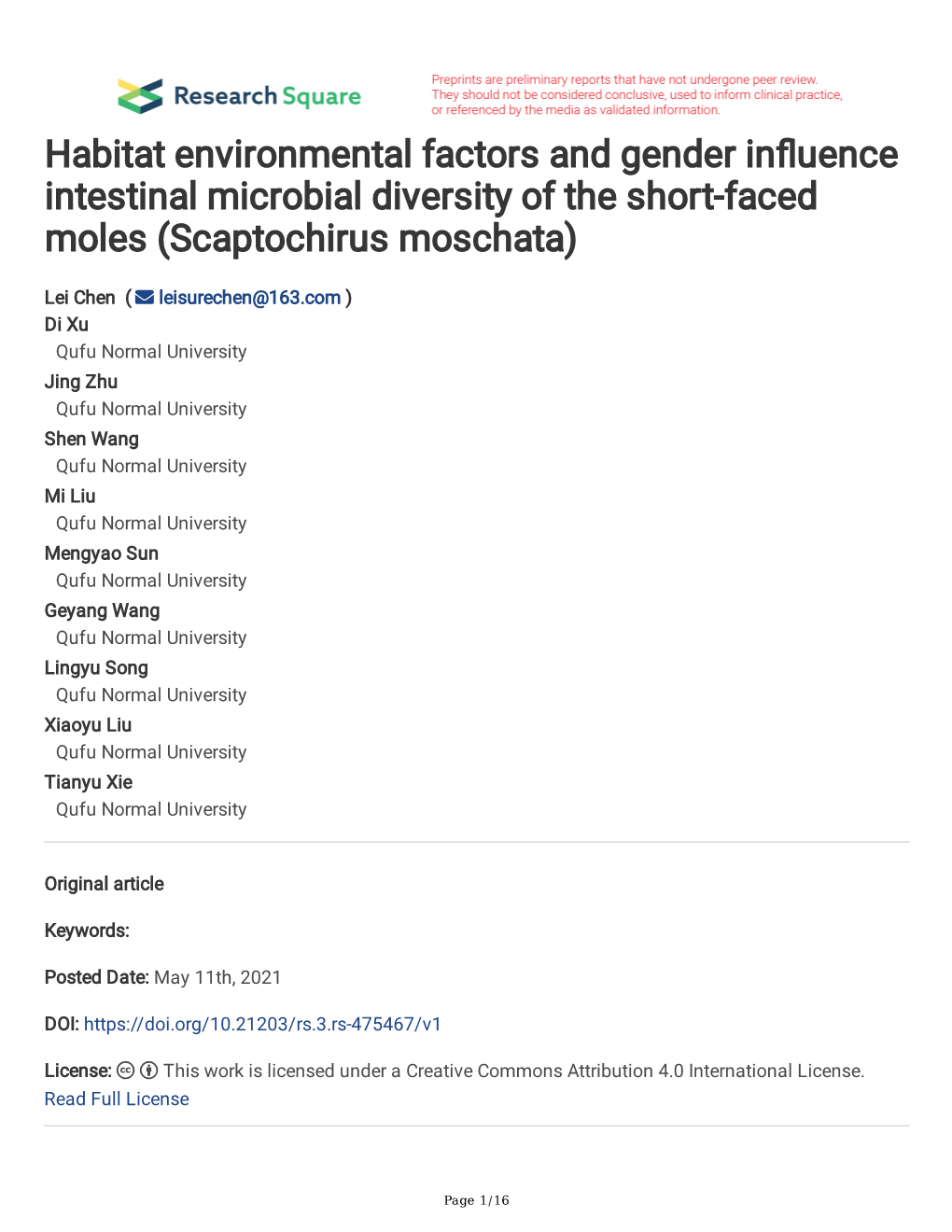 Habitat Environmental Factors and Gender in Uence