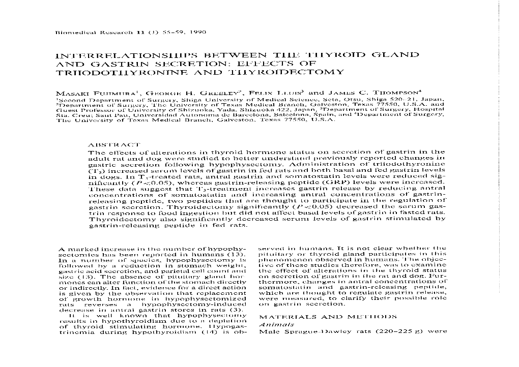 Interrelationships Between the Thyroid Gland and Gastrin Secretion: Effects Oe Triiodothyronine and Thyroidectomy