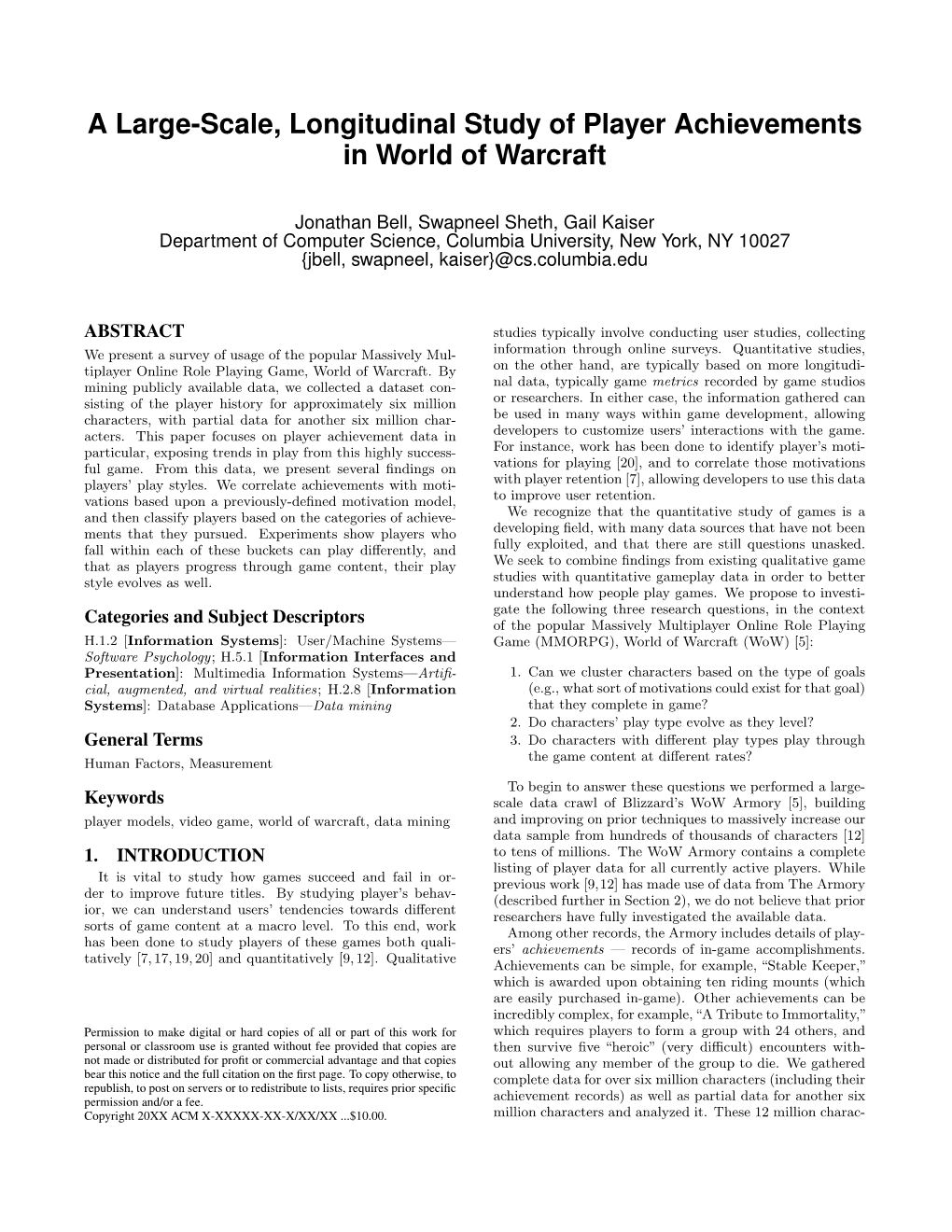 A Large-Scale, Longitudinal Study of Player Achievements in World of Warcraft