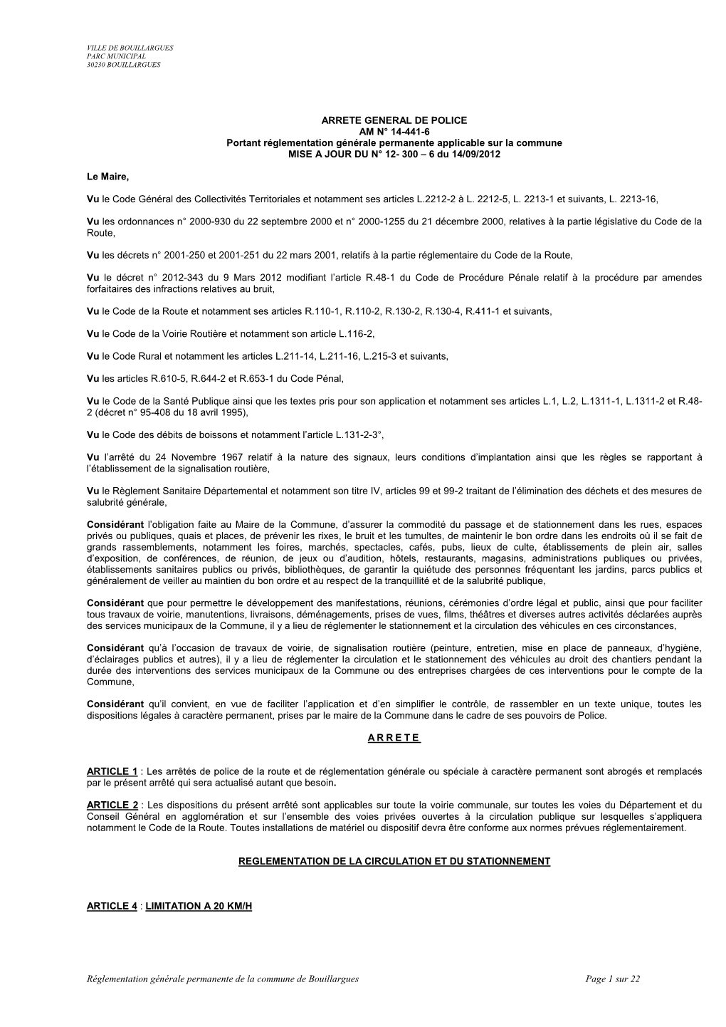 Réglementation Générale Permanente De La Commune De Bouillargues Page 1 Sur 22 VILLE DE BOUILLARGUES PARC MUNICIPAL 30230 BOUILLARGUES
