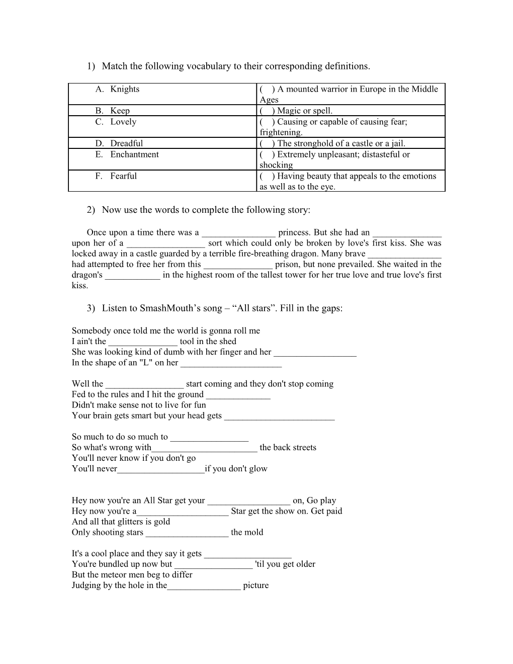 1) Match the Following Vocabulary to Their Corresponding Definitions