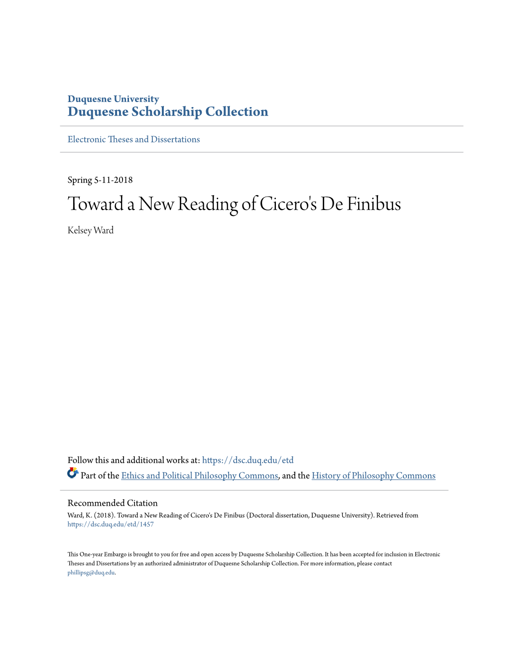 Toward a New Reading of Cicero's De Finibus Kelsey Ward