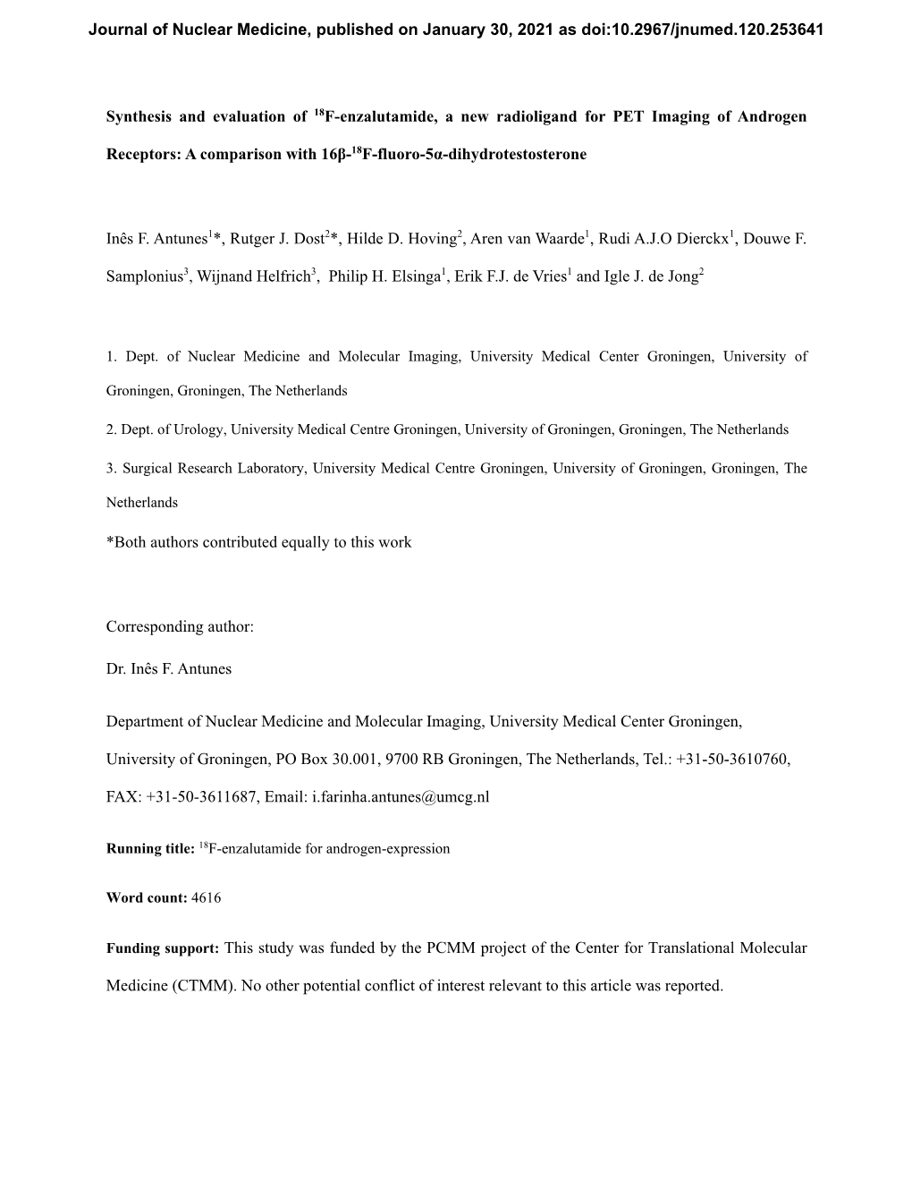 Synthesis and Evaluation of 18F-Enzalutamide, a New Radioligand for PET Imaging of Androgen