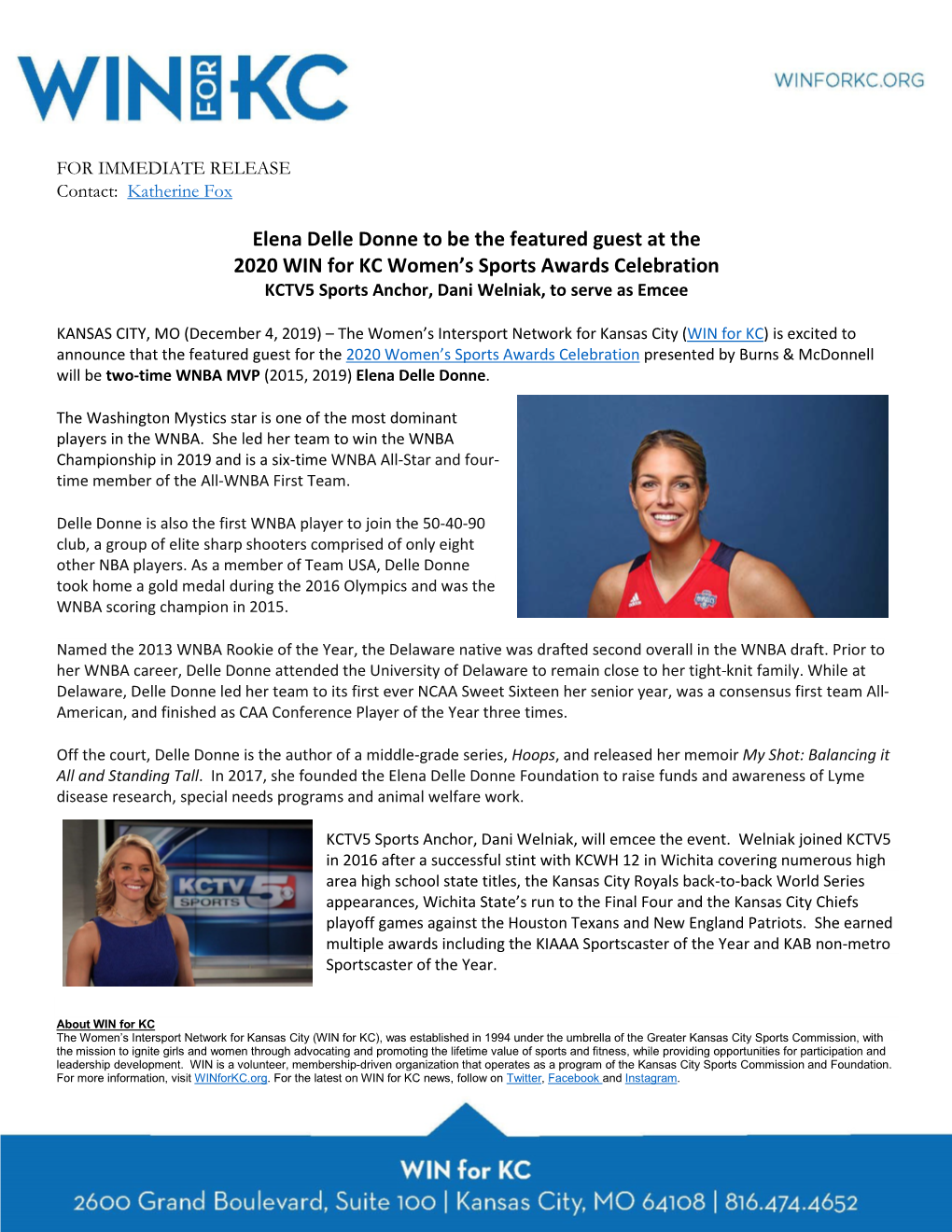 Elena Delle Donne to Be the Featured Guest at the 2020 WIN for KC Women’S Sports Awards Celebration KCTV5 Sports Anchor, Dani Welniak, to Serve As Emcee