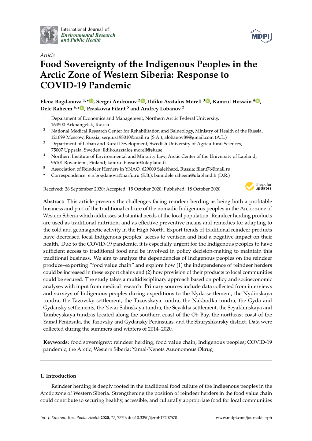 Food Sovereignty of the Indigenous Peoples in the Arctic Zone of Western Siberia: Response to COVID-19 Pandemic