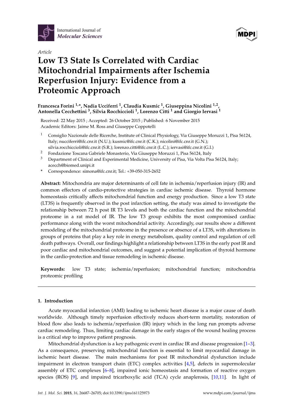 Low T3 State Is Correlated with Cardiac Mitochondrial Impairments After Ischemia Reperfusion Injury: Evidence from a Proteomic Approach