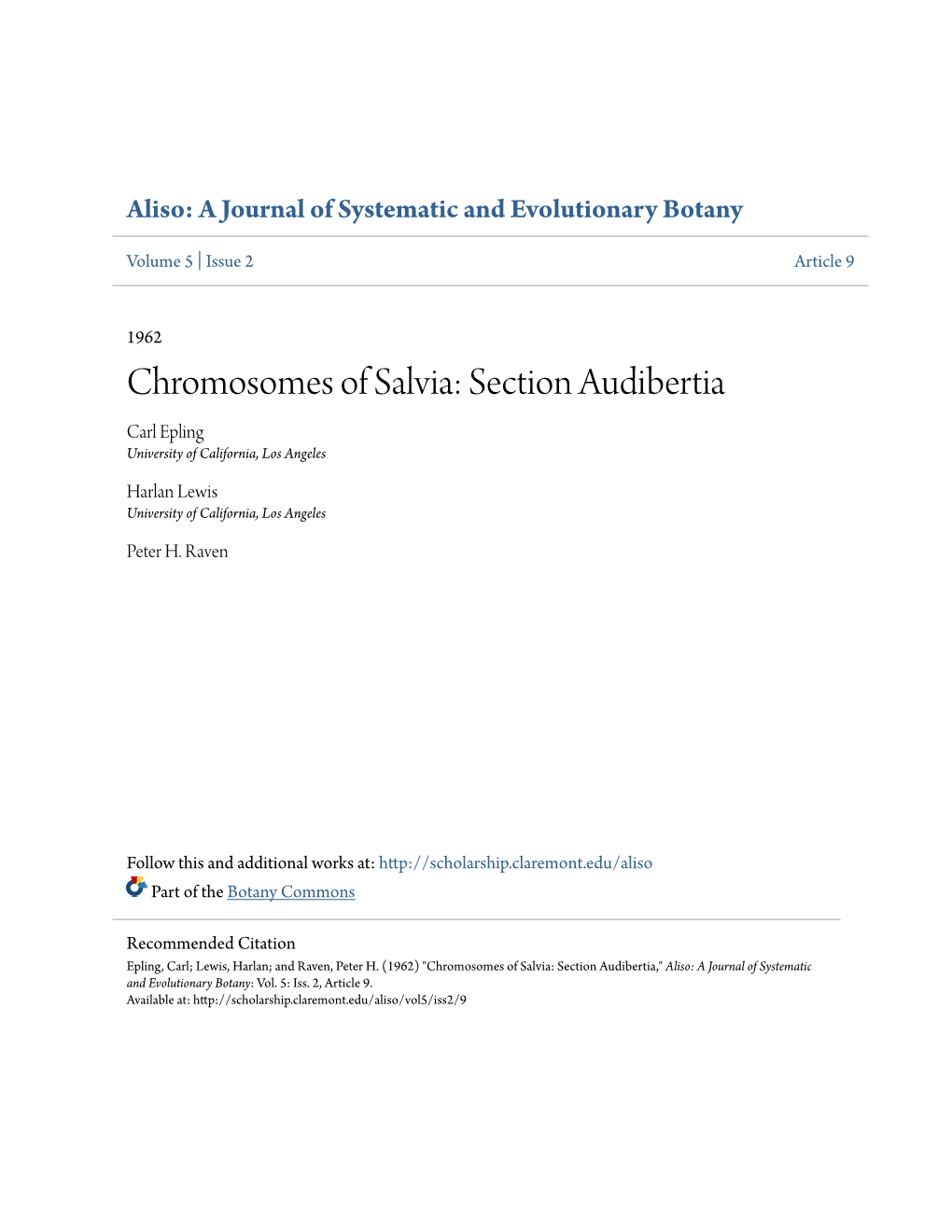 Chromosomes of Salvia: Section Audibertia Carl Epling University of California, Los Angeles