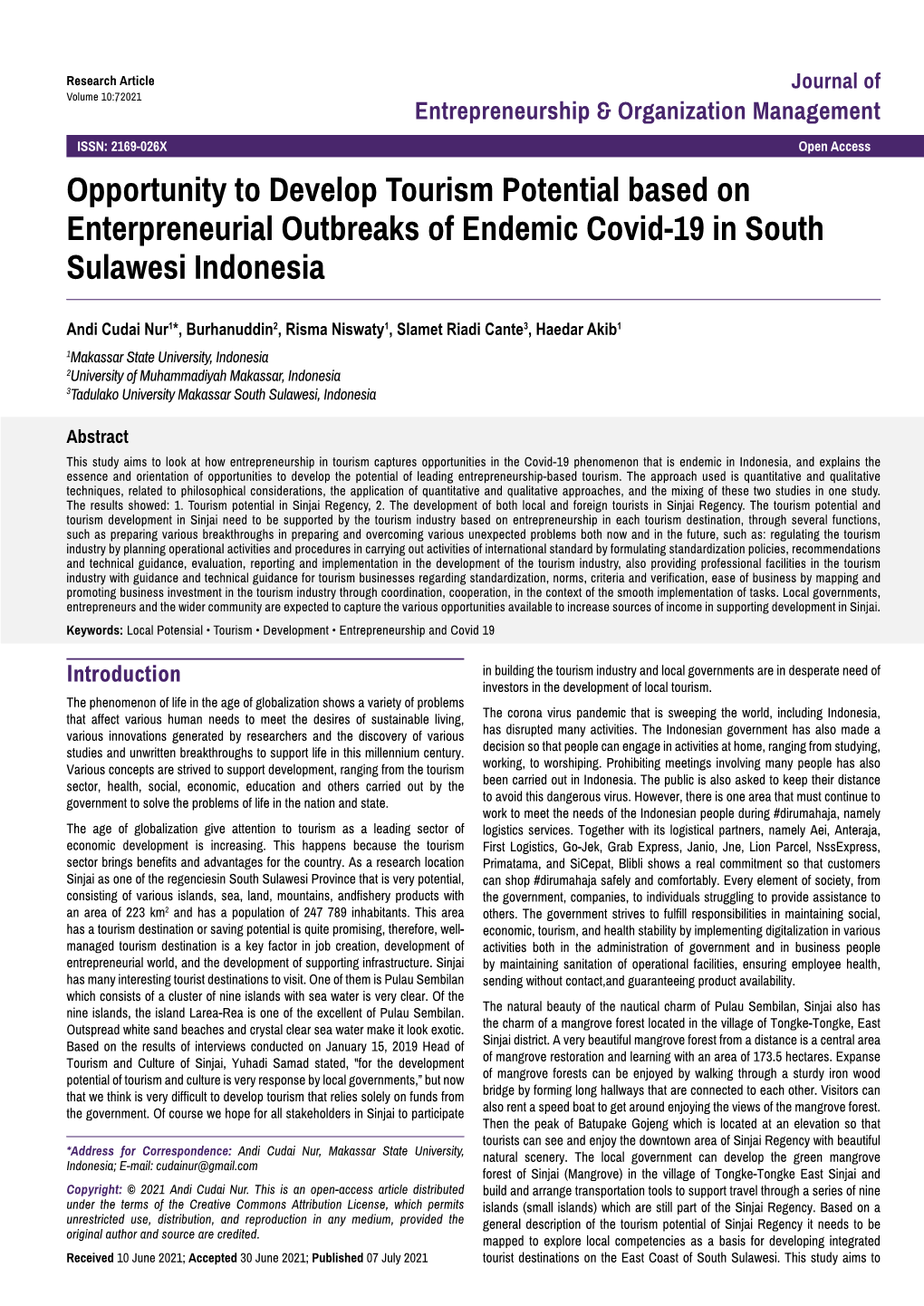 Opportunity to Develop Tourism Potential Based on Enterpreneurial Outbreaks of Endemic Covid-19 in South Sulawesi Indonesia