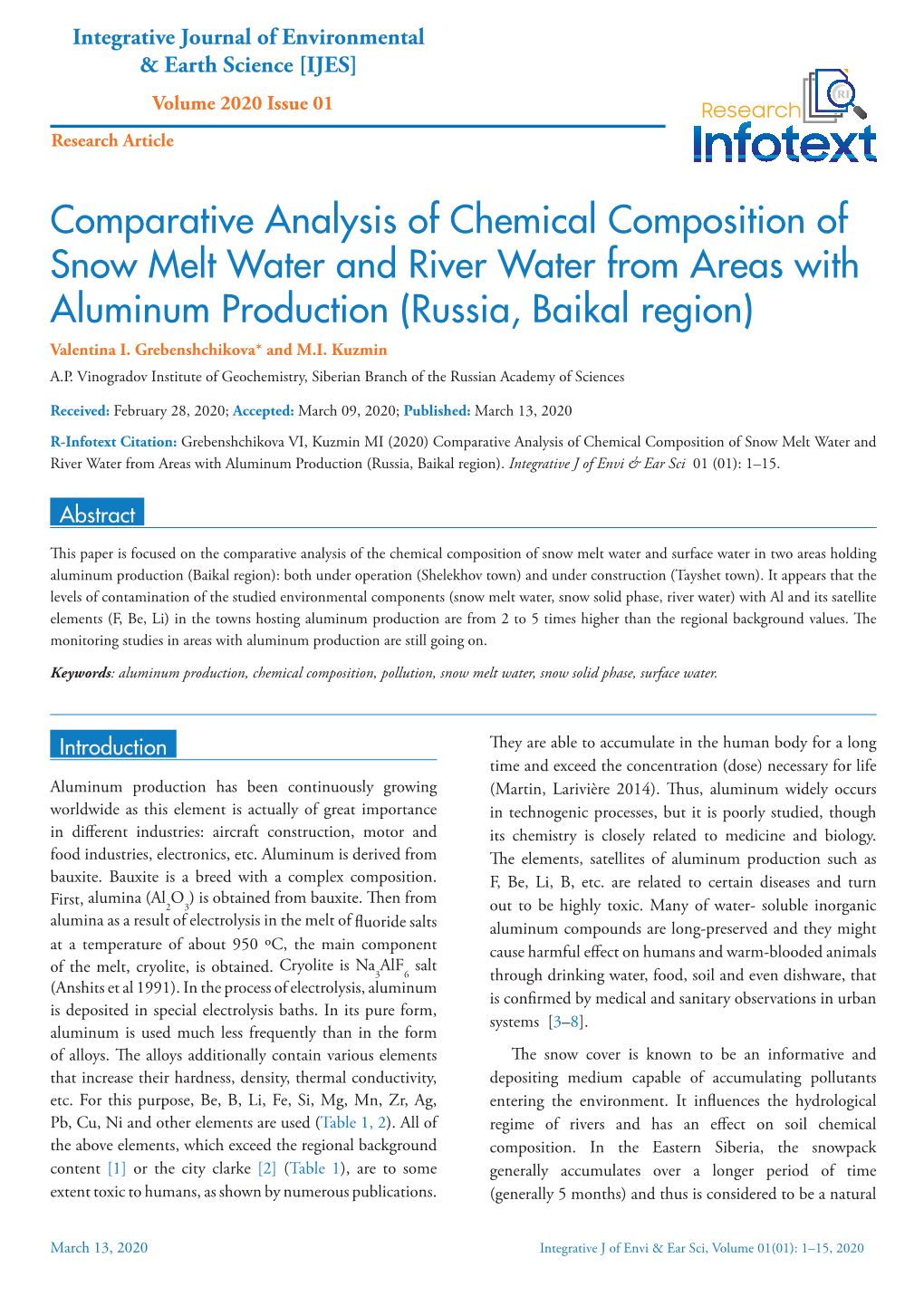 Comparative Analysis of Chemical Composition of Snow Melt Water and River Water from Areas with Aluminum Production (Russia, Baikal Region) Valentina I