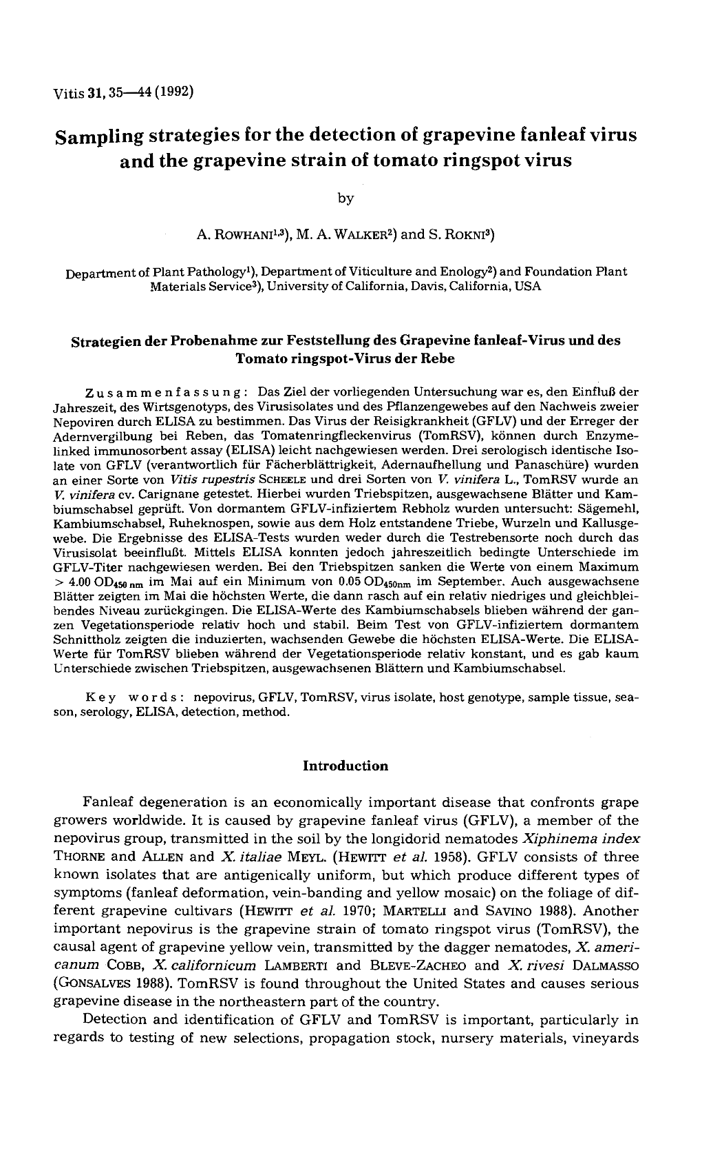 Sampling Strategies for the Detection of Grapevine Fanleaf Virus and the Grapevine Strain of Tomato Ringspot Virus