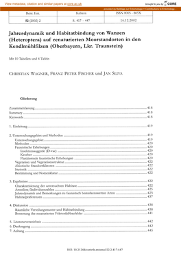 Jahresdynamik Und Habitatbindung Von Wanzen (Heteroptera) Auf Renaturierten Moorstandorten in Den Kendlmühlfilzen (Oberbayern, Lkr