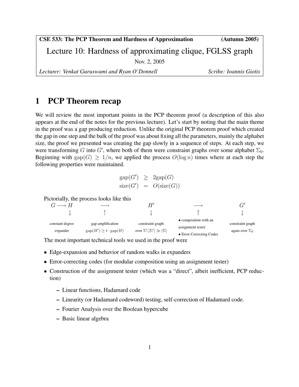 Lecture 10: Hardness of Approximating Clique, FGLSS Graph Nov