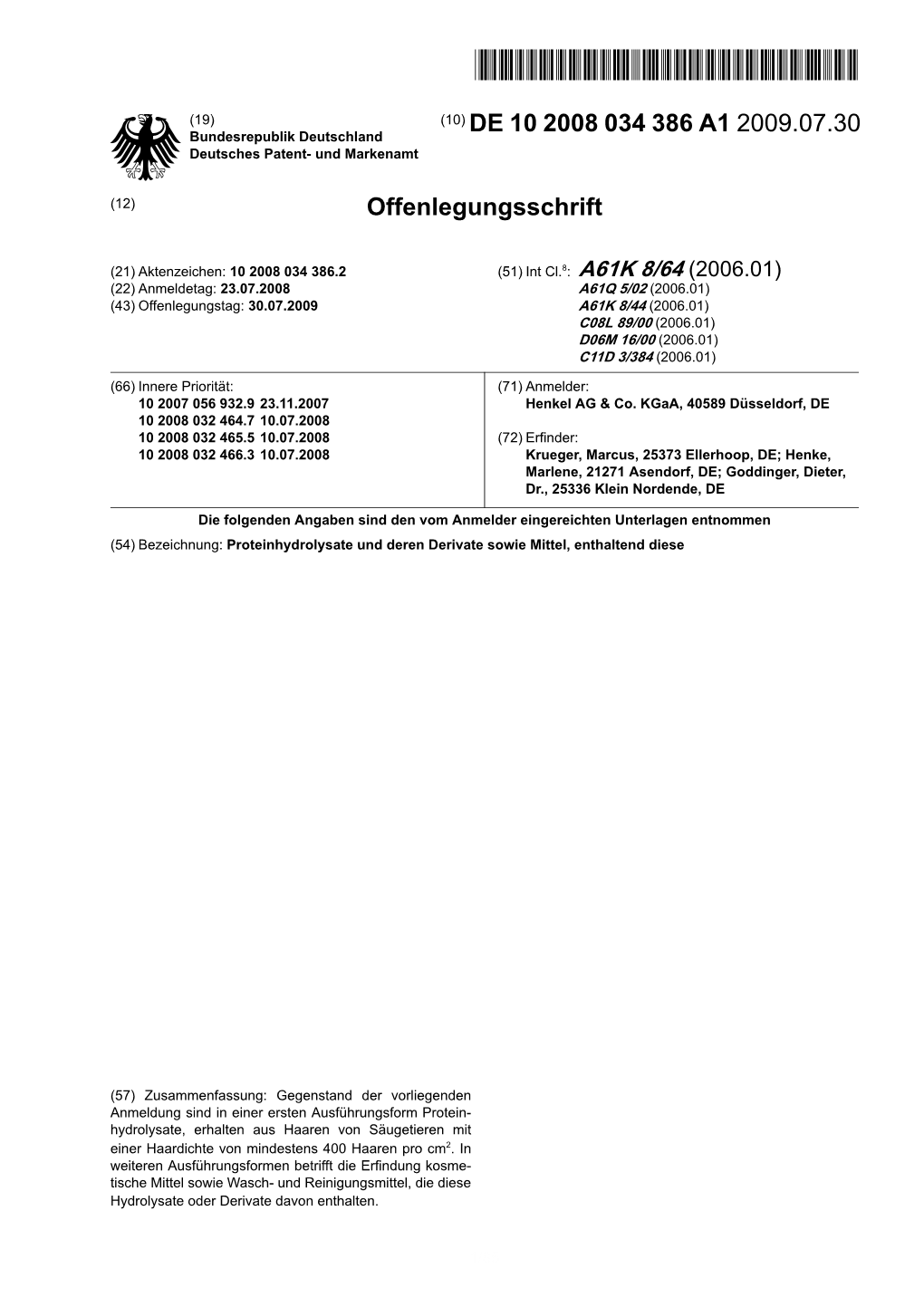 Proteinhydrolysate Und Deren Derivate Sowie Mittel, Enthaltend Diese