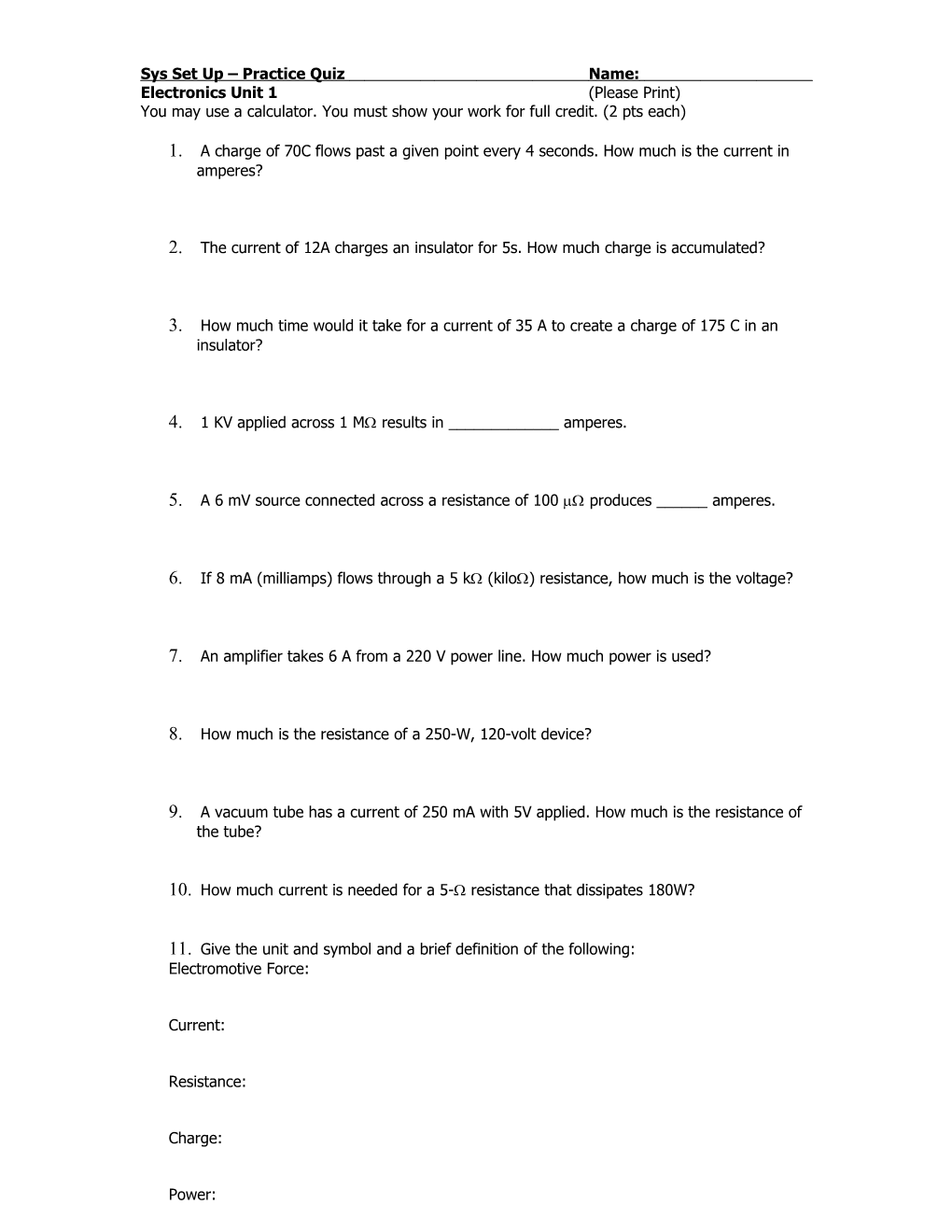 Sys Set up Practice Quiz Name