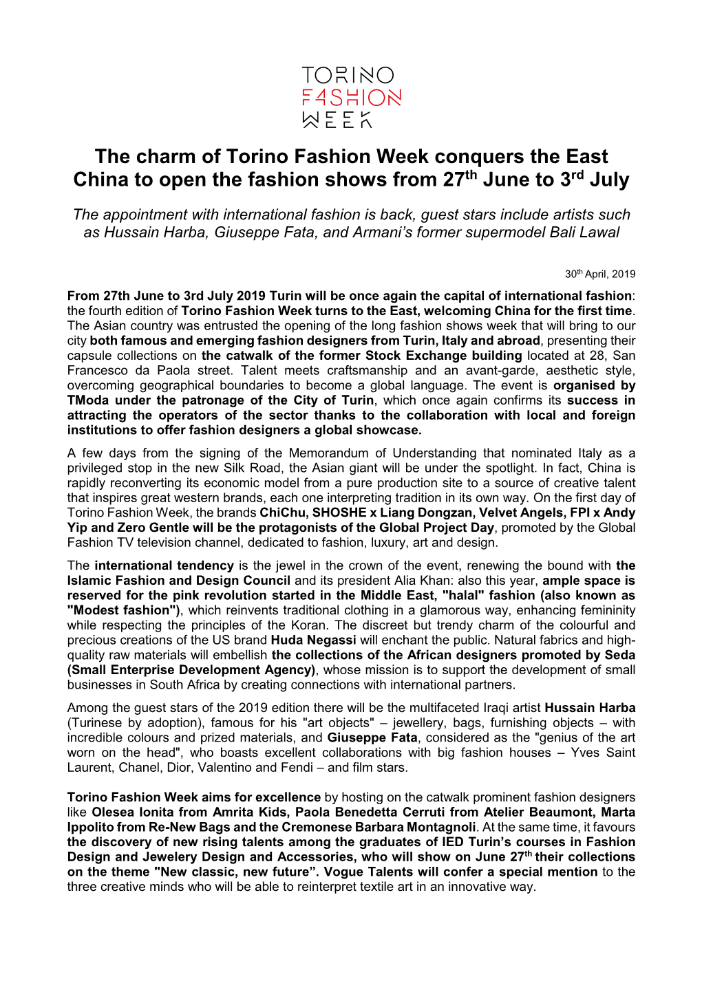 The Charm of Torino Fashion Week Conquers the East China to Open the Fashion Shows from 27Th June to 3Rd July