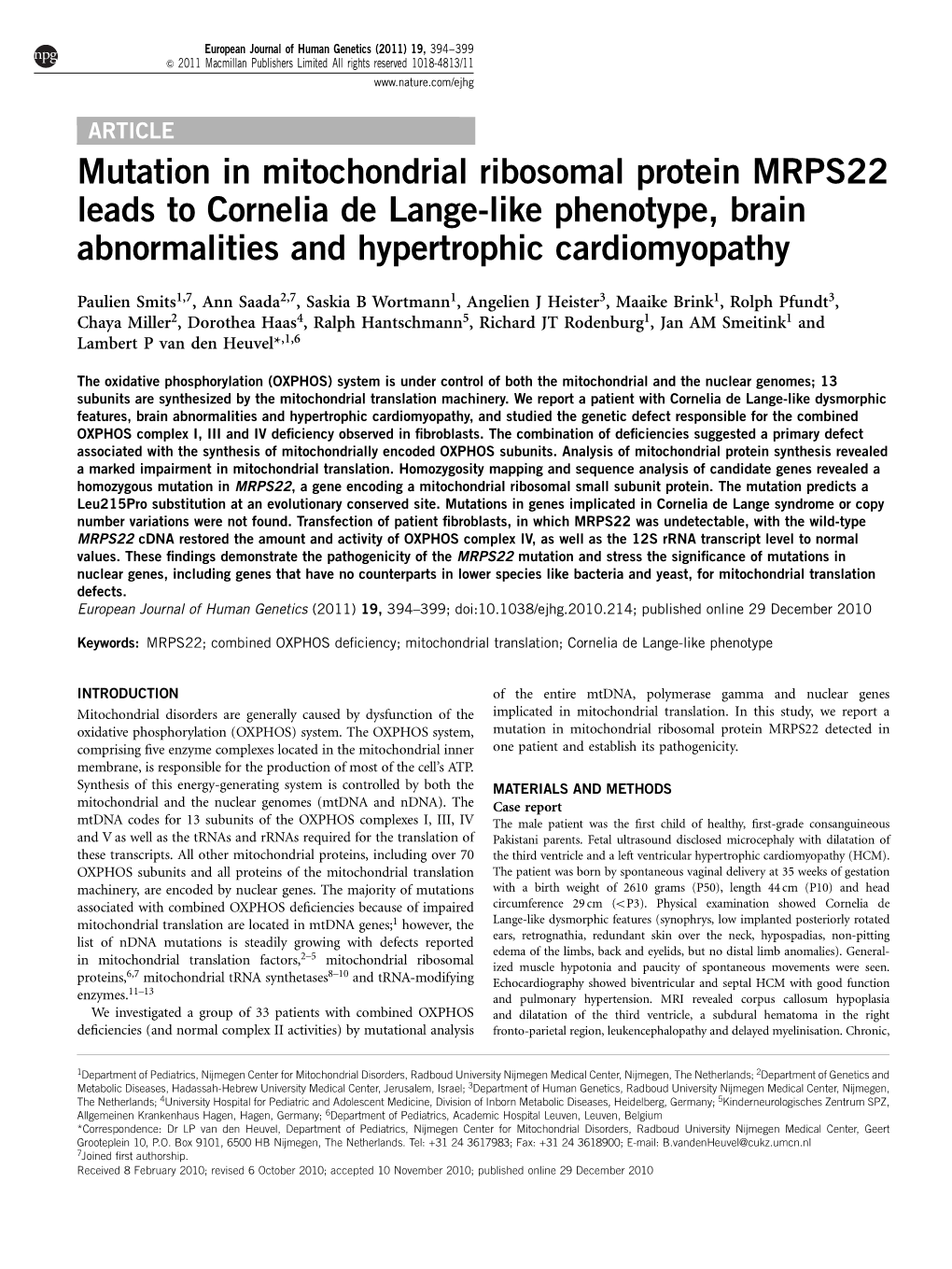 Mutation in Mitochondrial Ribosomal Protein MRPS22 Leads to Cornelia De Lange-Like Phenotype, Brain Abnormalities and Hypertrophic Cardiomyopathy