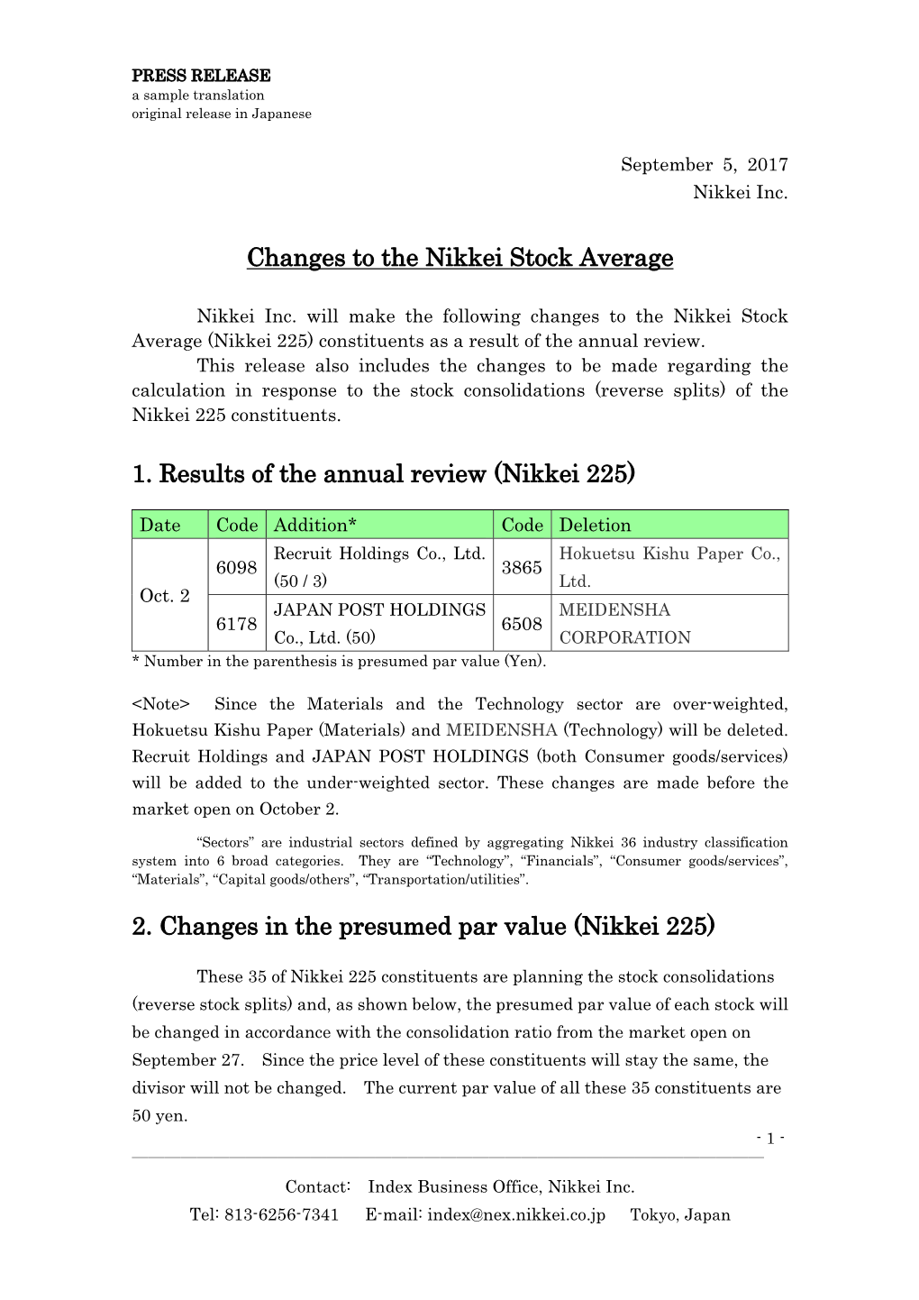 Changes to the Nikkei Stock Average 1. Results of the Annual Review