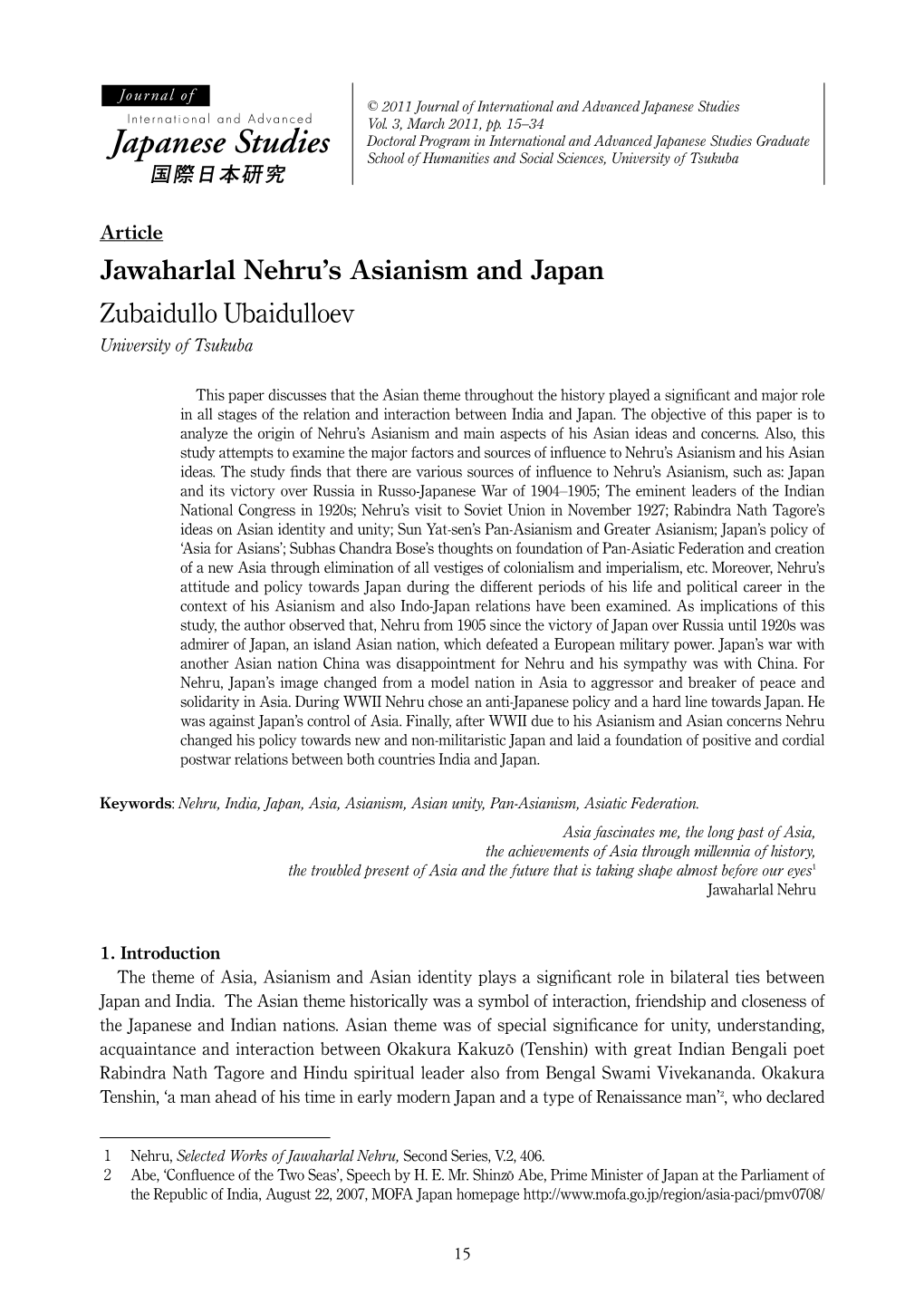 Jawaharlal Nehru's Asianism and Japan Zubaidullo Ubaidulloev