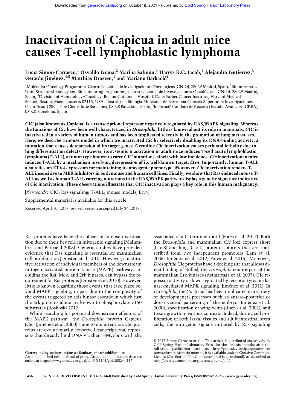 Inactivation of Capicua in Adult Mice Causes T-Cell Lymphoblastic Lymphoma