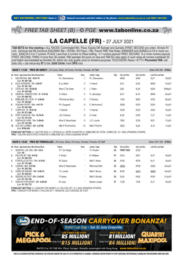 LA CAPELLE (FR) - 27 JULY 2021 TAB BETS for This Meeting = ALL RACES: Commingled Win, Place, Exacta OR Swinger and Quinella (FIRST, SECOND Any Order)