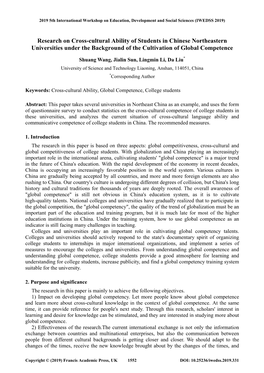 Research on Cross-Cultural Ability of Students in Chinese Northeastern Universities Under the Background of the Cultivation of Global Competence