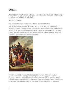 American Civil War an Official History: the Kansas “Red Legs” As Missouri’S Dark Underbelly