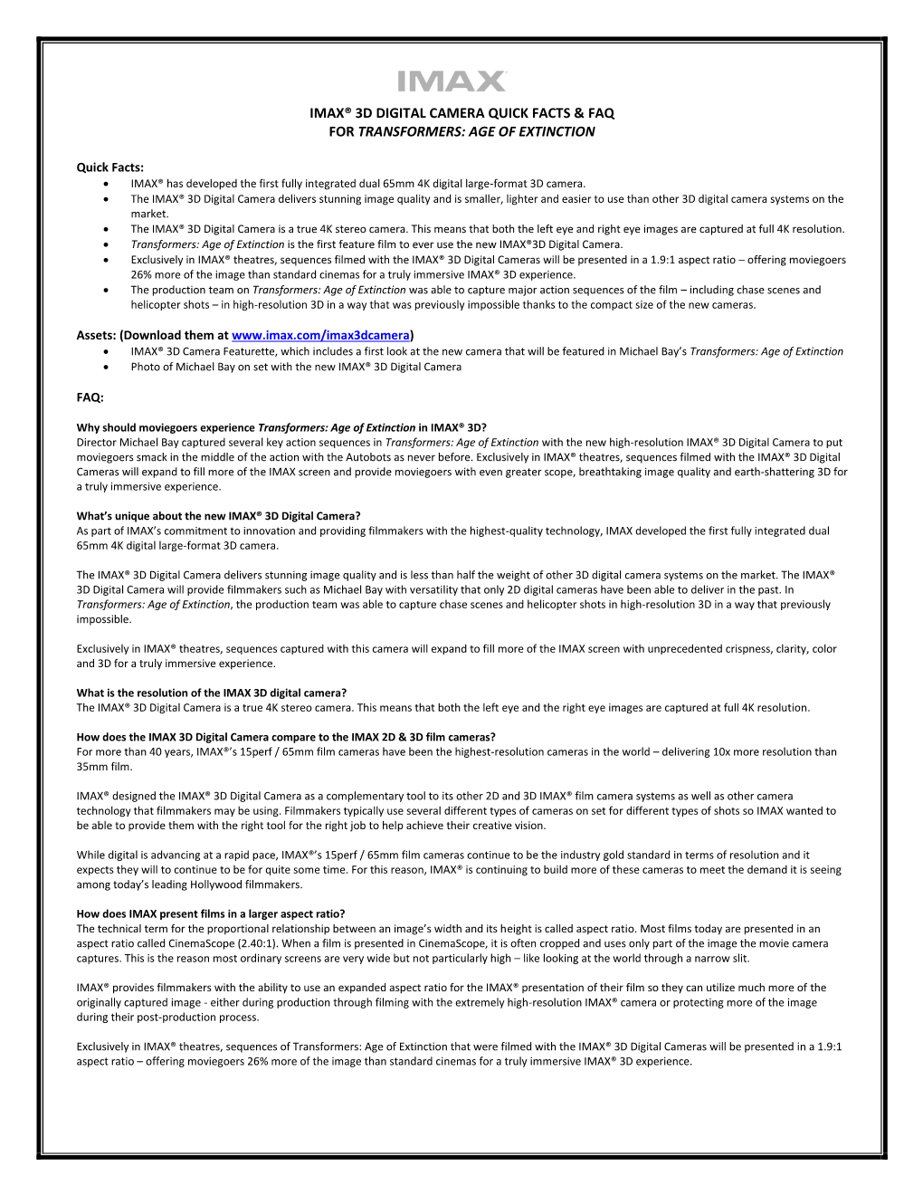 Imax® 3D Digital Camera Quick Facts & Faq for Transformers