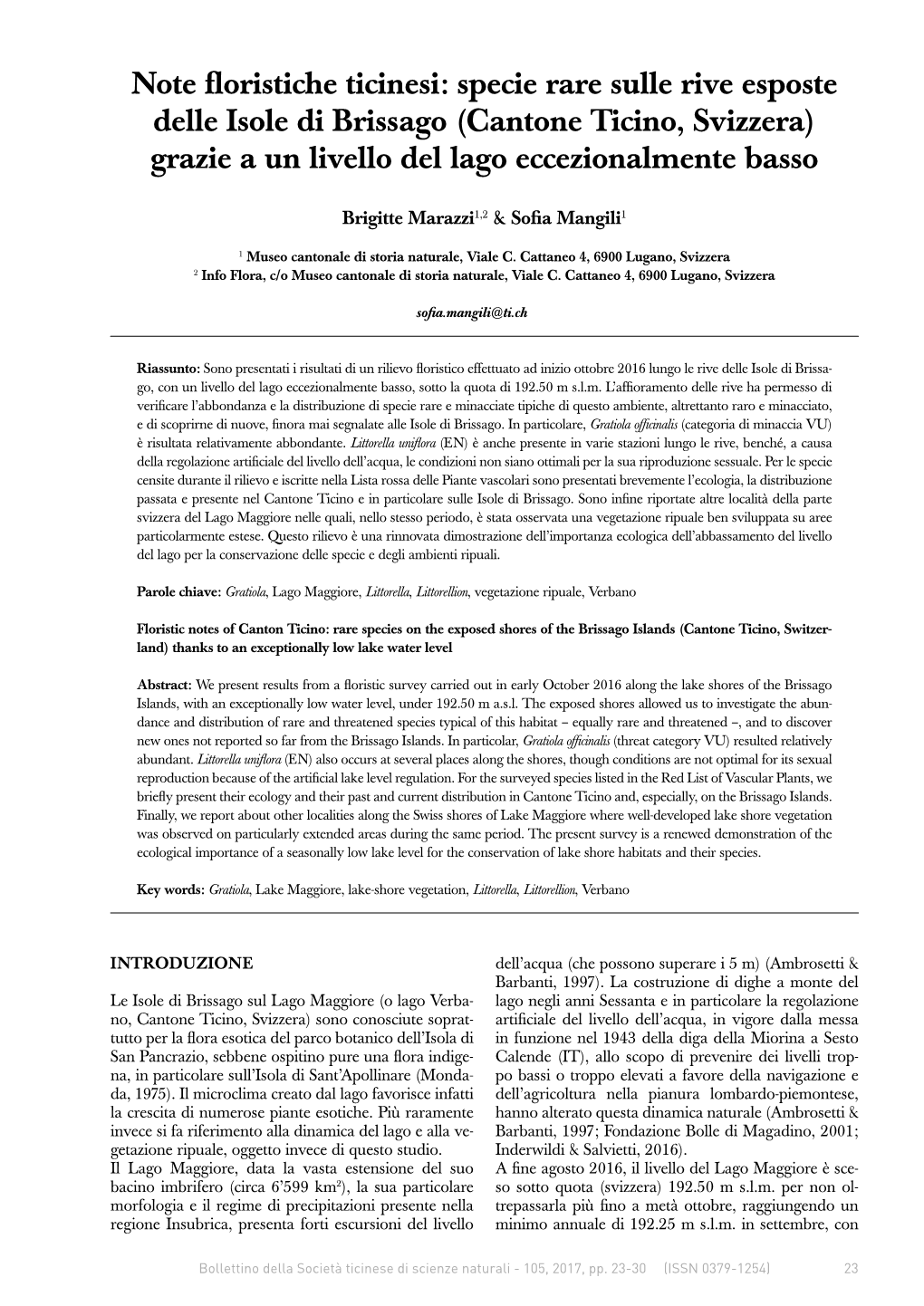 Note Floristiche Ticinesi: Specie Rare Sulle Rive Esposte Delle Isole Di Brissago (Cantone Ticino, Svizzera) Grazie a Un Livello Del Lago Eccezionalmente Basso