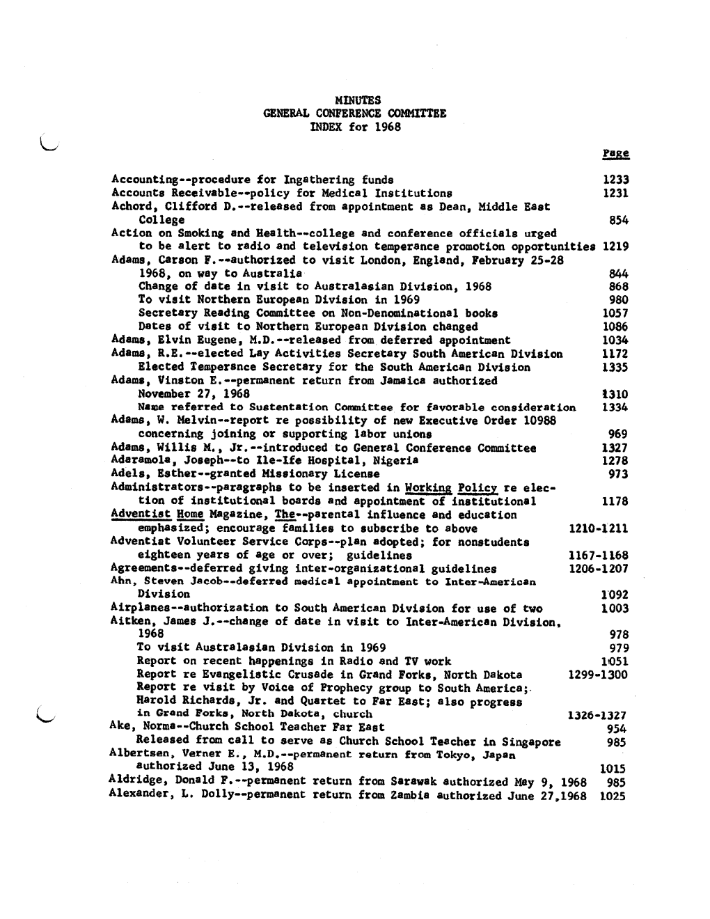 MINUTES GENERAL CONFERENCE COMMITTEE INDEX for 1968 Ag2