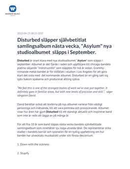 Disturbed Släpper Självbetitlat Samlingsalbum Nästa Vecka, "Asylum" Nya Studioalbumet Släpps I September