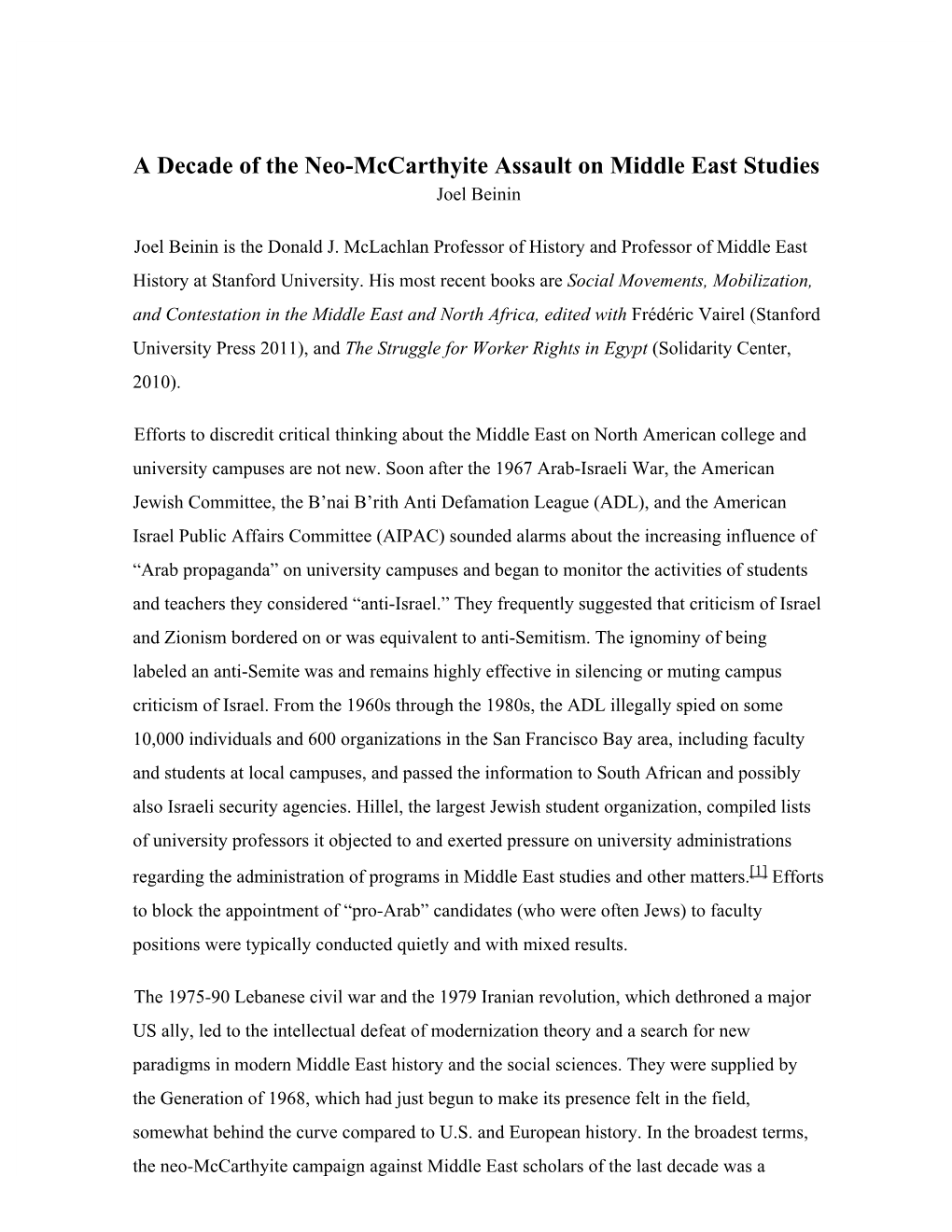 A Decade of the Neo-Mccarthyite Assault on Middle East Studies Joel Beinin