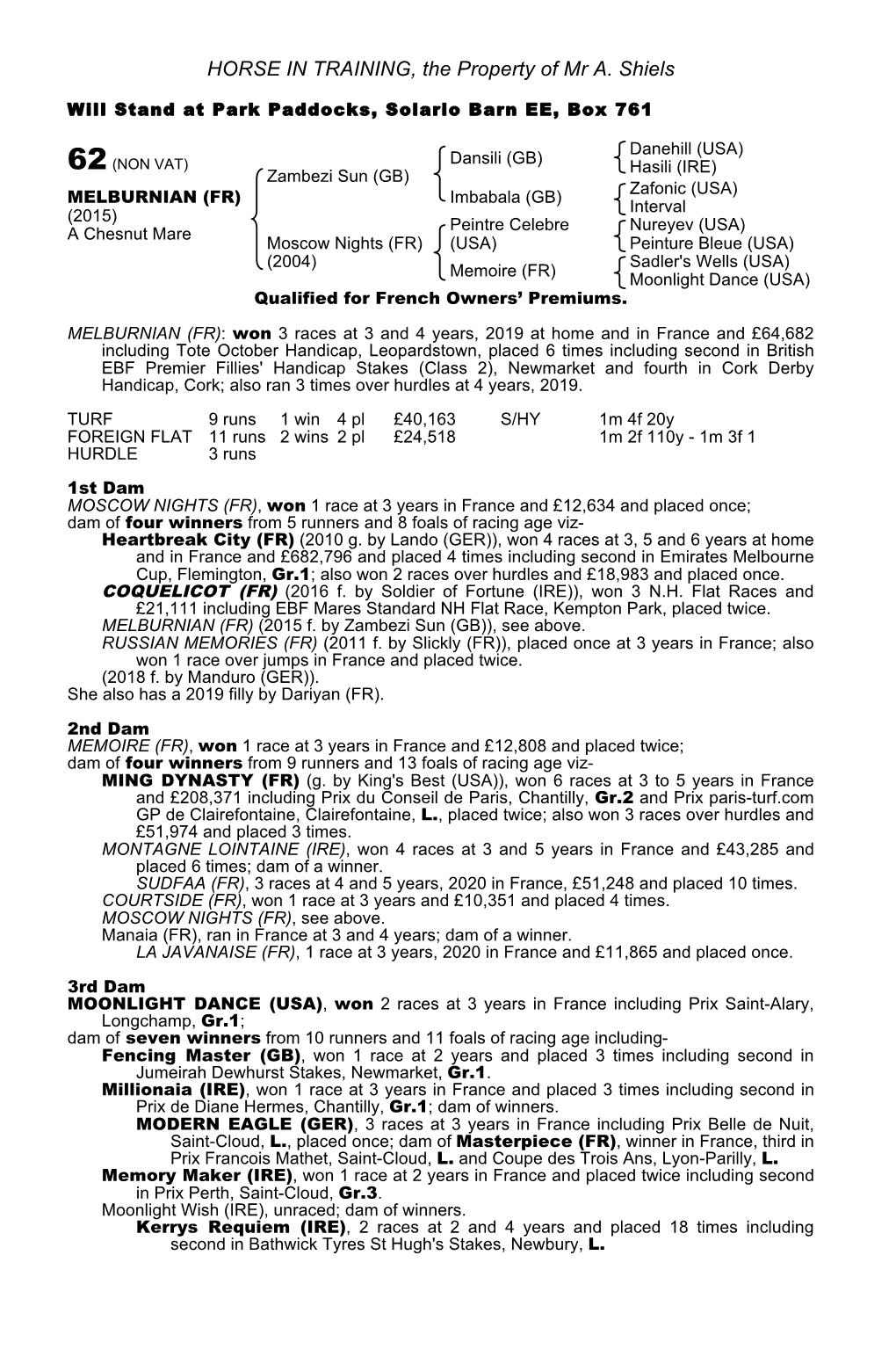 HORSE in TRAINING, the Property of Mr A. Shiels