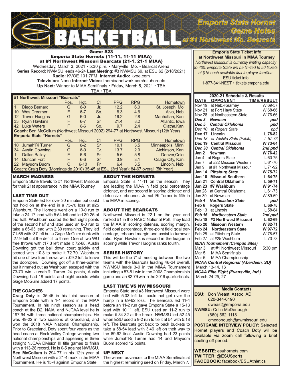 Emporia State Hornet Game Notes at #1 Northwest Mo