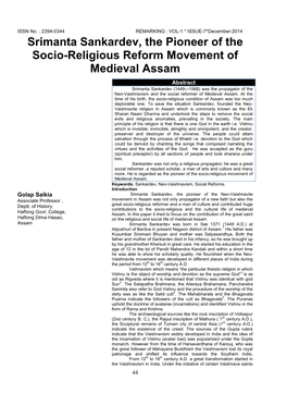 Srimanta Sankardev, the Pioneer of the Socio-Religious Reform Movement of Medieval Assam