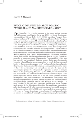 Robert J. Hudson BUCOLIC INFLUENCE: MAROT's GALLIC PASTORAL and MAURICE SCÈVE's ARION