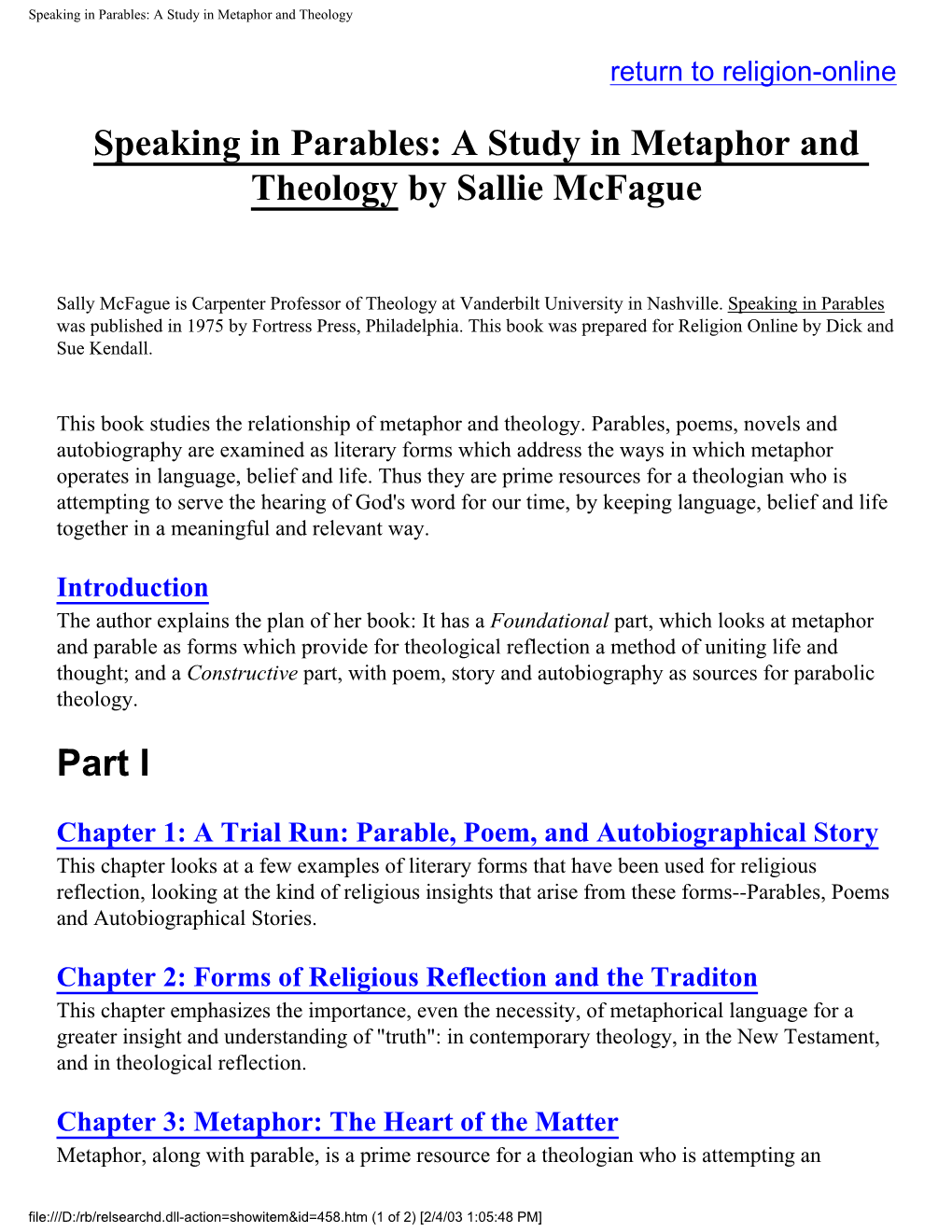 Speaking in Parables: a Study in Metaphor and Theology