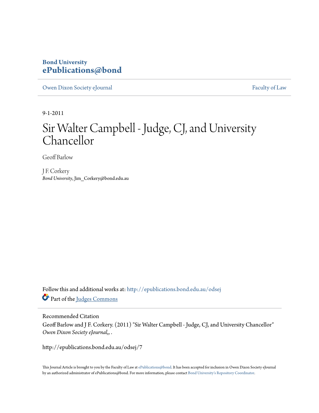Sir Walter Campbell Â•' Judge, CJ, and University Chancellor