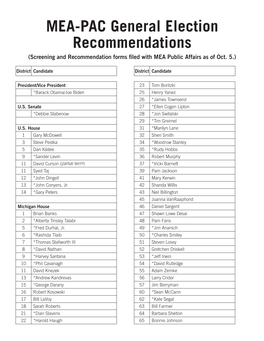 MEA-PAC General Election Recommendations (Screening and Recommendation Forms Filed with MEA Public Affairs As of Oct