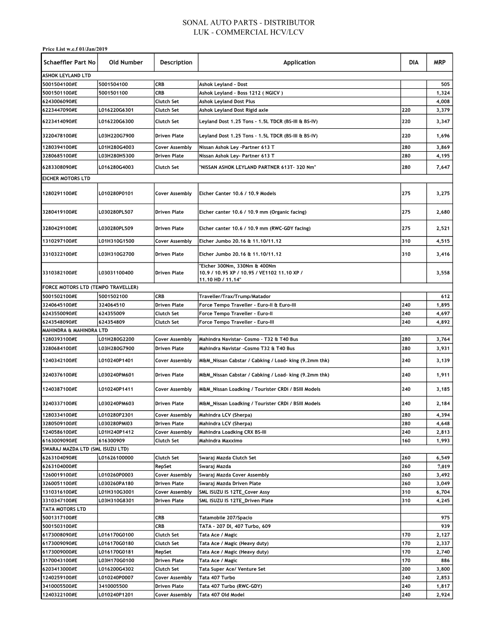 Sonal Auto Parts - Distributor Luk - Commercial Hcv/Lcv