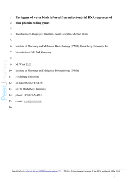 Phylogeny of Water Birds Inferred from Mitochondrial DNA Sequences of 2 Nine Protein Coding Genes 3