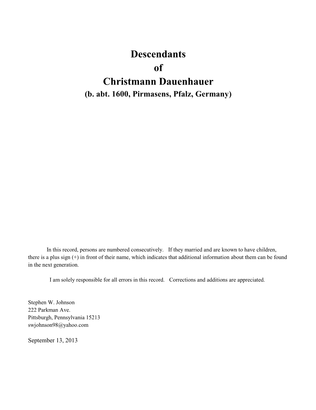 Descendants of Christmann Dauenhauer (B