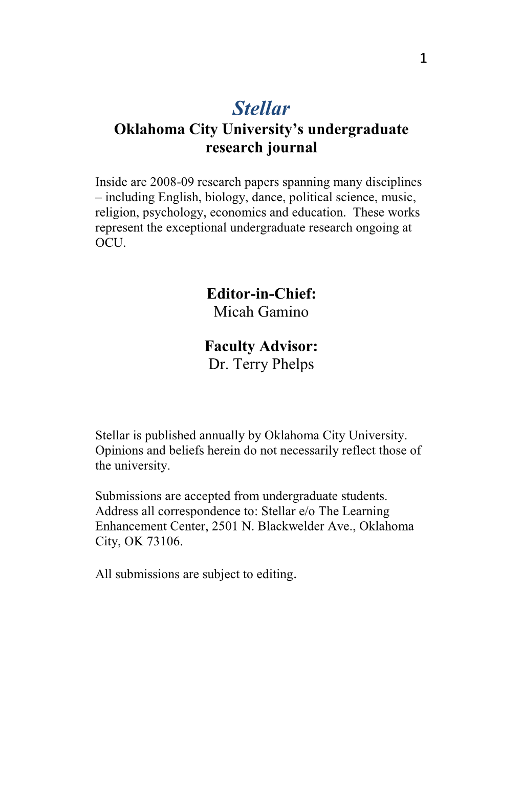 Stellar Oklahoma City University’S Undergraduate Research Journal