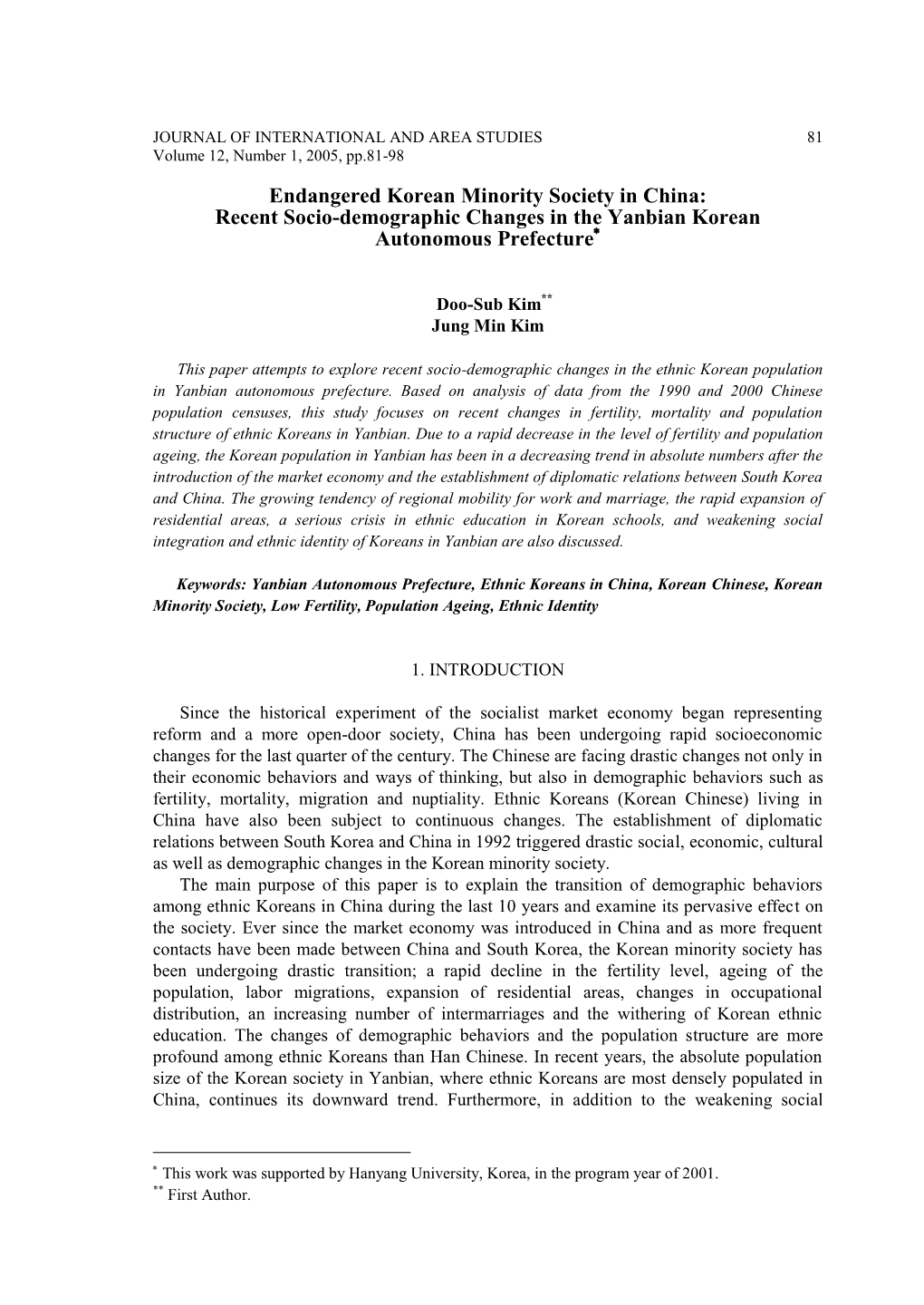 Recent Socio-Demographic Changes in the Yanbian Korean Autonomous Prefecture