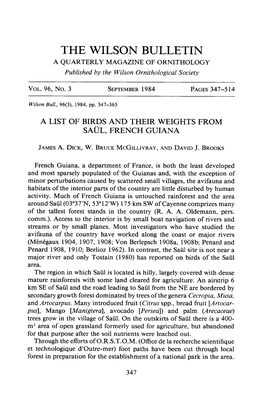 A List of Birds and Their Weights from Saul, French Guiana