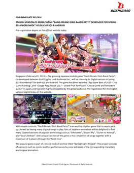 BANG DREAM! GIRLS BAND PARTY!” SCHEDULED for SPRING 2018 WORLDWIDE* RELEASE on Ios & ANDROID