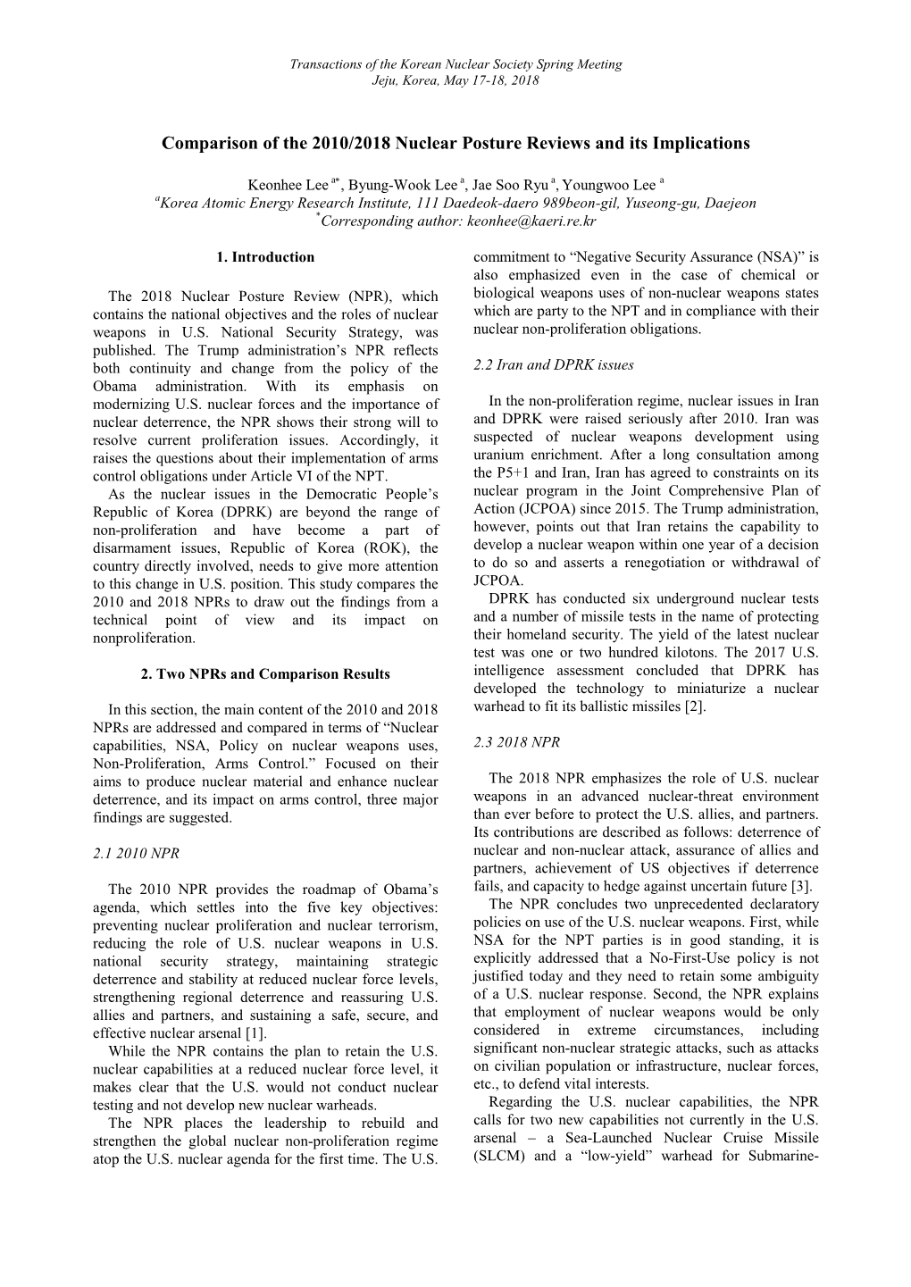 Comparison of the 2010/2018 Nuclear Posture Reviews and Its Implications