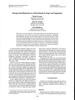 Interpersonal Rejection As a Determinant of Anger and Aggression Mark R